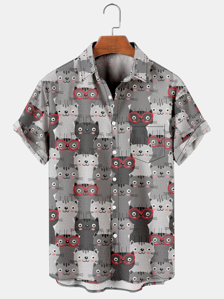 

Holiday Leisure Animal Element Cat Pattern Hawaiian Style Printed Shirt Top, Multicolor, Men's Floral shirt