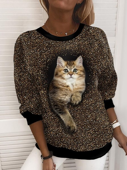 

Casual Loosen Cat Round Neck Sweatshirt, Golden, Sweatshirts & Hoodies