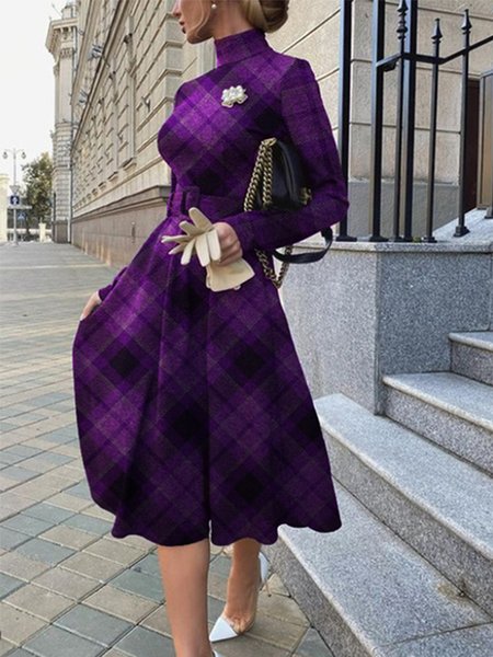 

Long Sleeve Grid Regular Fit Lady Midi Dress, Purple, Midi Dresses