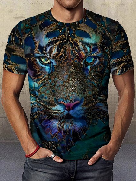 

3D tiger abstract print round neck short sleeve T-shirt, As picture, T-shirts