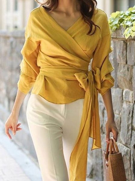 

Elegant Lace-Up V Neck Solid Top, Yellow, Blouses and Shirts