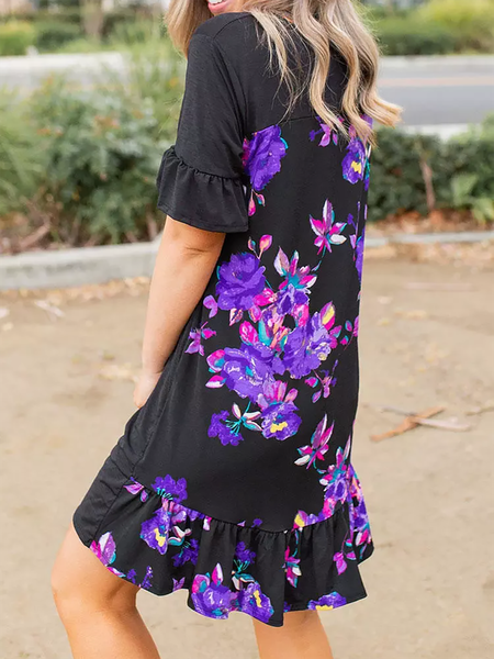 

Double Take Ruffle Sleeve Casual Round Neck Knee-length Dresses, Black, Dresses