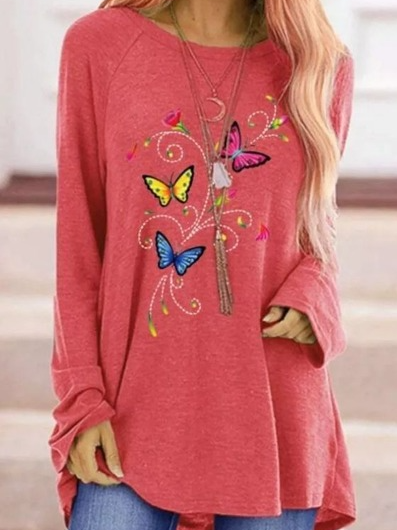 

Butterfly Casual Crew Neck Shirts & Tops, Pink, Long sleeve tops