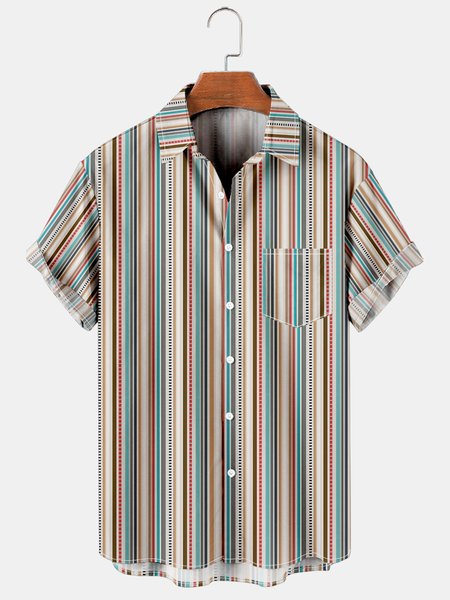 

Vacation Leisure Color Stripe Pattern Hawaiian Style Printed Shirt Top, Multicolor, Men's Floral shirt