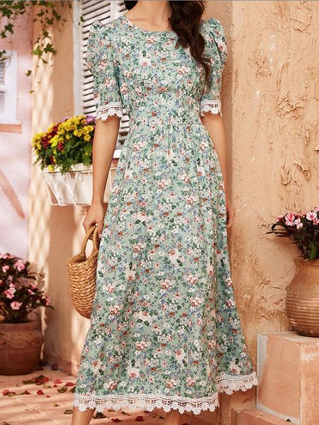 

Floral Vacation Loosen Dresses, Green, Dresses