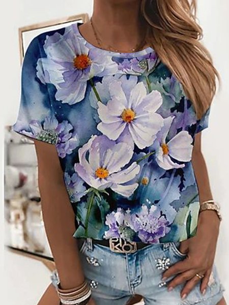 

Short sleeved crew neck floral floral print top T-shirt Plus Size, Blue, T-Shirts