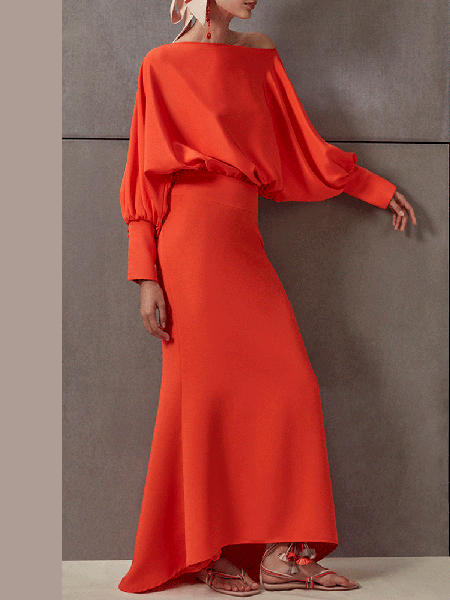 Boat Neck Regular Fit Solid Long sleeve Dress, Orange red, Maxi Dresses