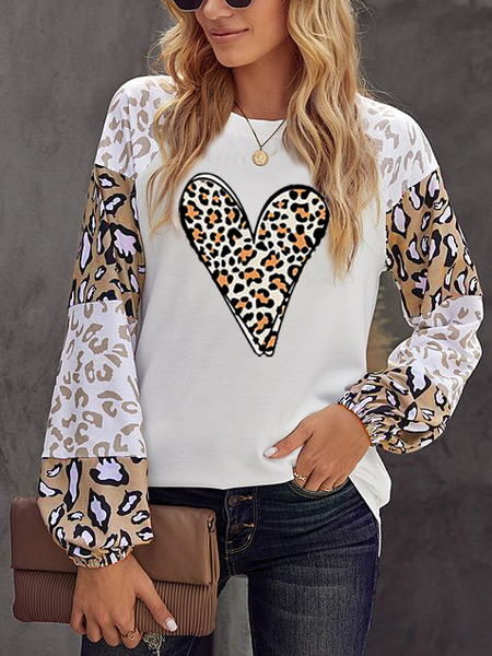 

Leopard print love contrast stitching lantern sleeves Crew Neck Statement Loosen Sweatshirt, Apricot, Sweatshirts & Hoodies