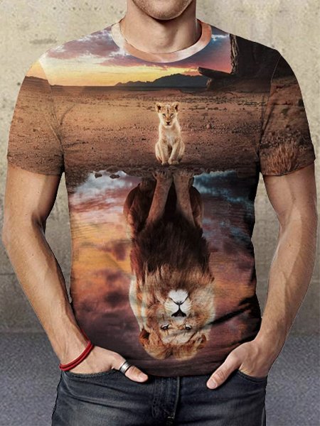 

3D lion abstract print round neck short sleeve T-shirt, As picture, T-shirts