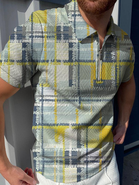 

Casual fashion check digital printing zipper polo shirt, As picture, Men's Top