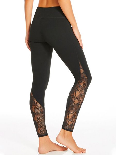 

Lace Mesh stitching skinny plain cotton-blend leggings, Black, Leggings
