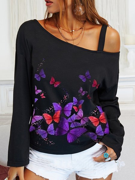 

Butterfly Sexy Loosen Off the shoulder Shirts & Tops, As picture, Tops