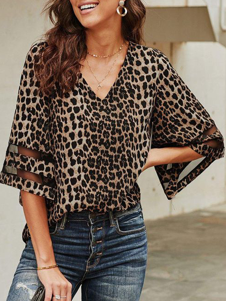 

Leopard print sheer mesh stitching flared sleeves Sexy Flare Sleeve Loosen Shirts & Tops, Black, T-Shirts