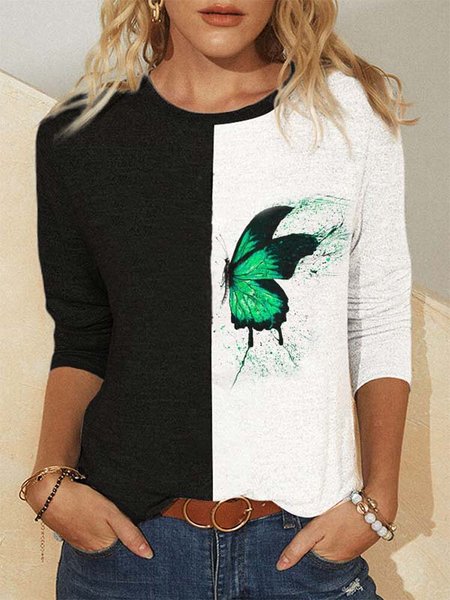 

Long Sleeve Butterfly Casual Crew Neck Shirts & Tops, Black-white, T-Shirts