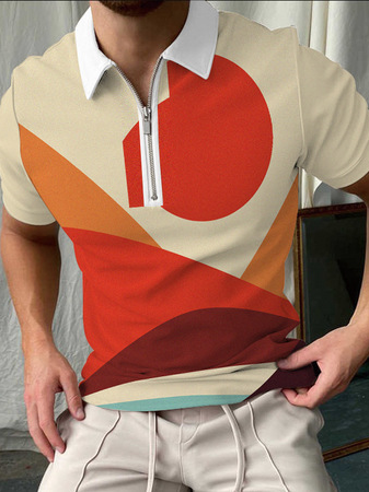 

Casual fashion irregular print pattern zipper polo shirt, As picture, Men's Top