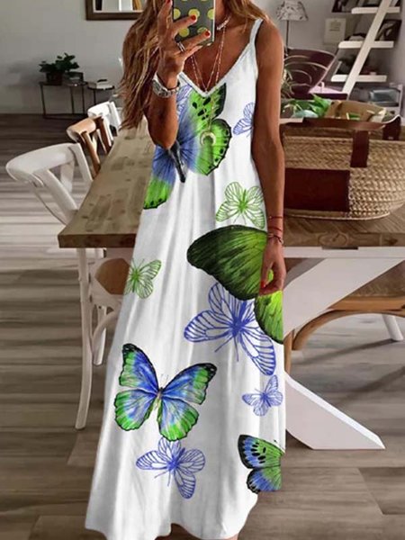 

Butterfly Print Sleeveless V Neck Casual Maxi Dresses, White, Maxi Dresses