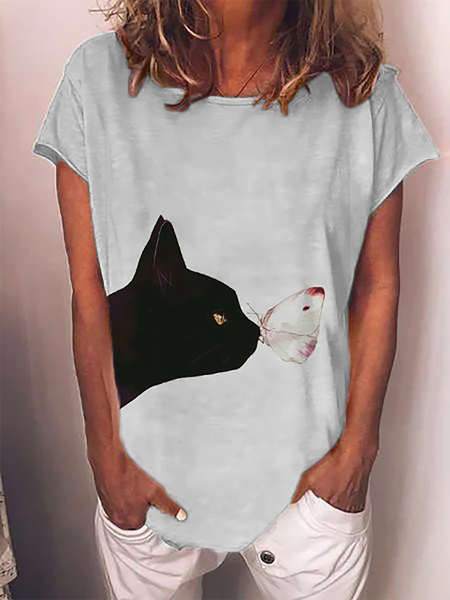 

Plus size Cat Printed Butterfly Shirts & Tops Graphic T-shirts For Women, Gray, T-Shirts