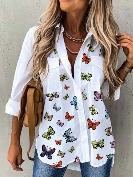 

Plus Size Butterfly Casual Long Sleeve Shirts & Tops Holiday Blouses For Women, White, Blouses & Shirts