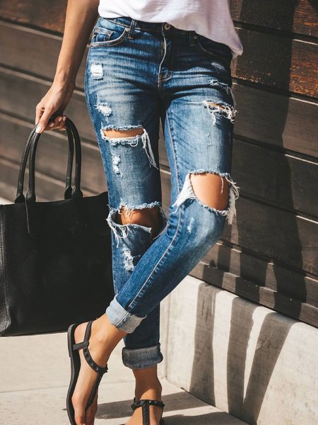 

Solid Casual Plain Denim Pants, Blue, Jeans