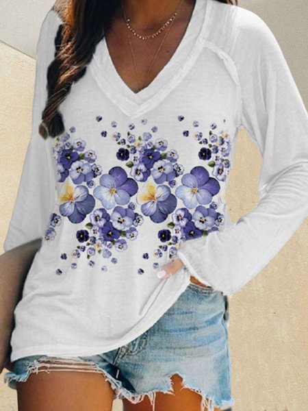 

Long Sleeve Casual Floral V Neck T-shirt, White, T-Shirts