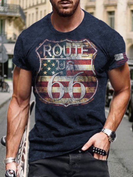 

Men's Route 66 Cultural Graphic Print Round Neck Short Sleeve Tee, Blue, T-shirt