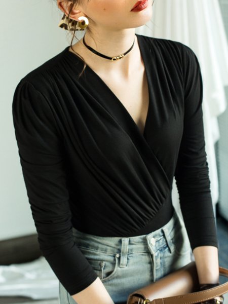 

Elegant Shirring Simple V Neck Solid Top, Black, Blouses and Shirts