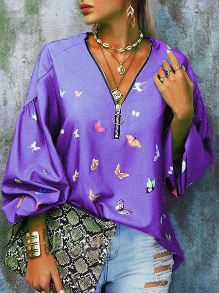 

Butterfly Casual V neck Long Sleeve Loosen Shirts & Tops, Purple, Tops