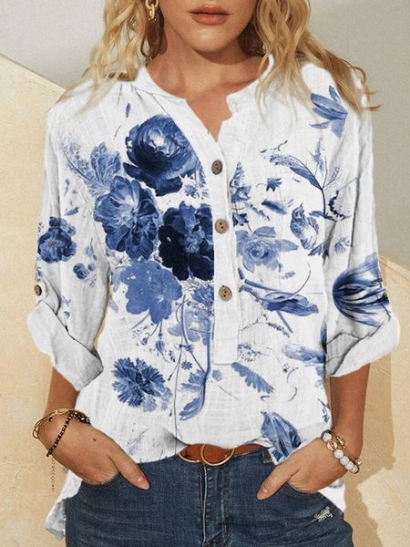 

Floral Long Sleeve Casual Buttoned Tops Women, White, Tops