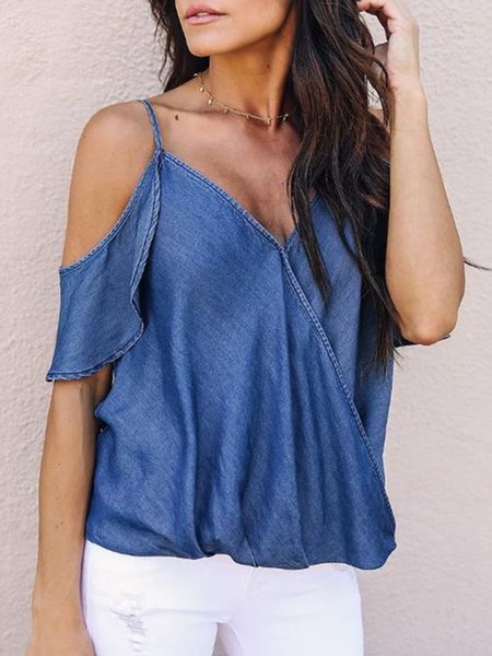 

Plain patterned V-neck off shoulder loose Tencel denim top Plus Size, Blue, Tops