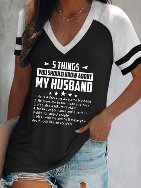 

Casual Cotton Blends Color Block Five Things About My Husband Shirts & Tops, Black-white, Tops