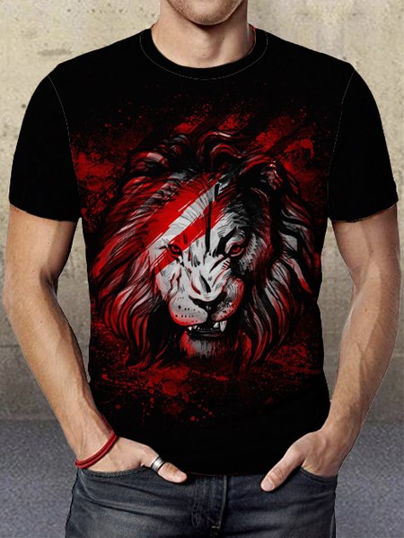 

3D lion abstract print round neck short sleeve T-shirt, Black, T-shirts