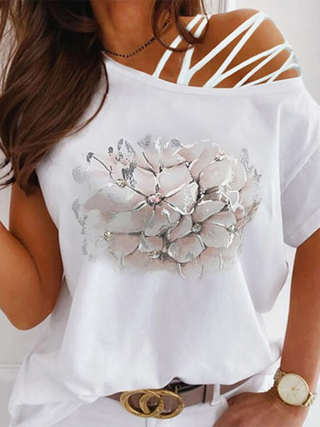 

One-shoulder strap off-shoulder silver pink floral filled simple T-shirt Notched Loosen Floral Shirts & Tops, White, Tees & T-shirts