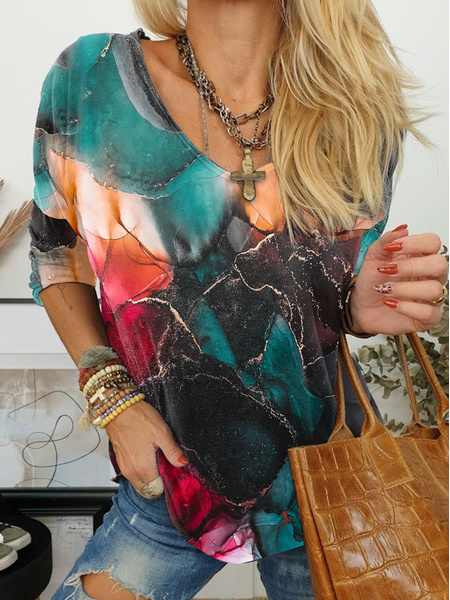 

V neck Vacation Abstract Loosen Shirts & Tops, Multicolor, Tops