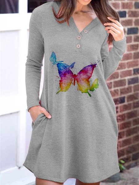 

Butterfly Print Pockets Buttoned V Neck Long Sleeve Casual Mini Dresses, Gray, Mini Dresses