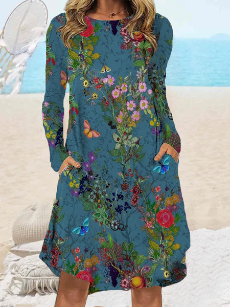 

Floral Print Crew Neck Long Sleeve Casual Mini Dresses, Blue, Mini Dresses