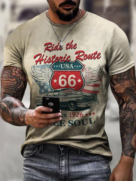 Men's Route 66 Cultural Graphic Print Round Neck Short Sleeve Tee, White-brown, T-shirt