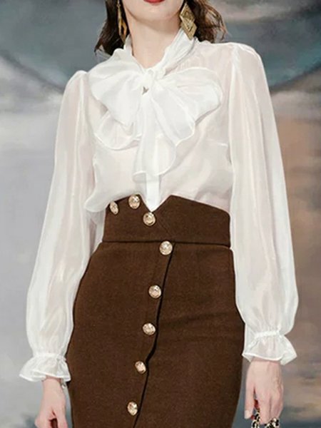 

Tie Neck Regular Fit Solid Shirt, White, Blouses and Shirts