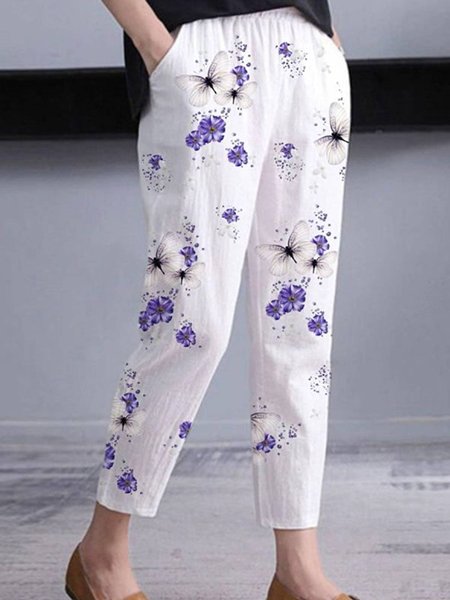 

Floral Printed Casual Plus Size Hrem Pants, White, Sport Pants