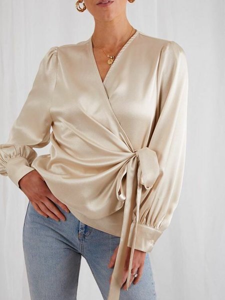 

V Neck Regular Fit Elegant Solid Top, Apricot, Tops