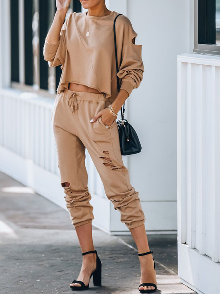 

Pure color elastic waist trousers casual sports street short jacket ripped suit women, Khaki, Two-piece Outfits