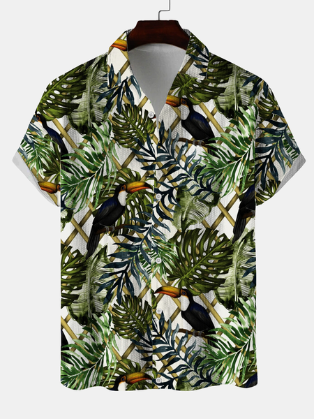 

Hawaii Toucan Plant Cotton Casual Shirts, As picture, Men's Floral shirt