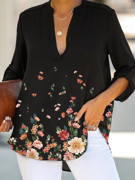 

Casual Long Sleeve V Neck Plus Size Printed Tops, Black, Tops