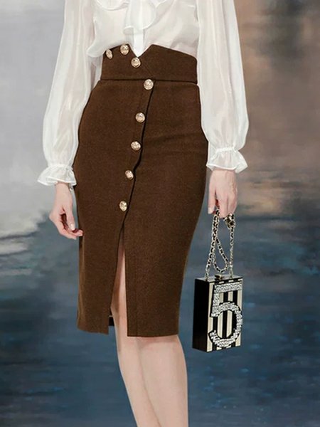 Elegant Solid Work Regular fit Skirt, Brown, Midi Skirts