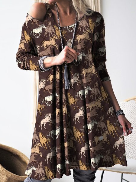 

Casual Vacation Loosen Animal Asymmetrical Neck Dresses, Coffee, Mini Dresses