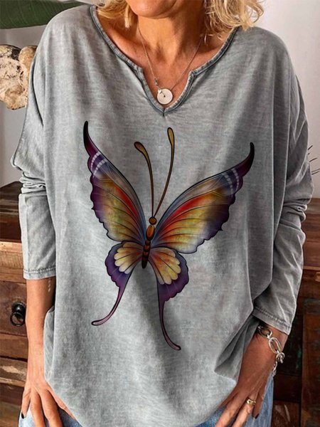 

Butterfly Long Sleeve Casual V Neck Tops Women, Gray, Tops