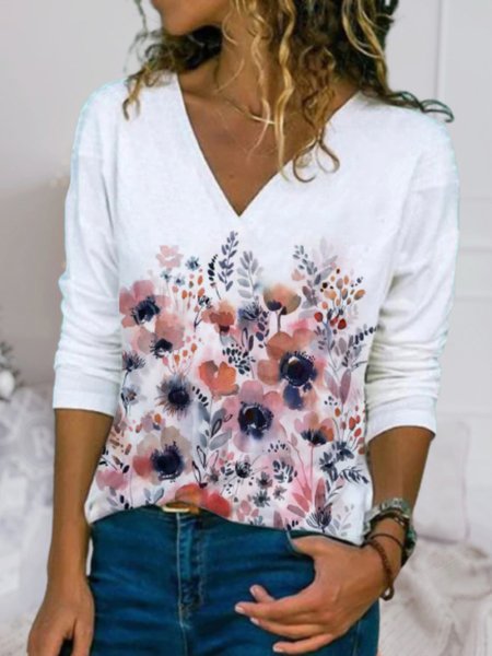 

Casual Long Sleeve V Neck Plus Size Printed Tops T-shirts, White, T-Shirts