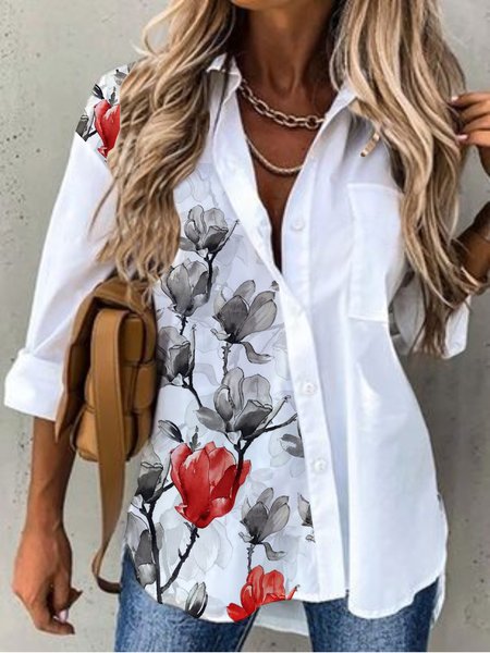 

Casual Long Sleeve Shirt Collar Plus Size Printed Tops Blouses, White, Blouses & Shirts