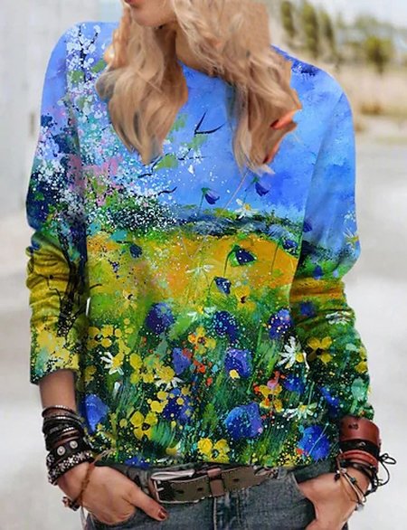 

Floral Loosen Crew Neck Shirts & Tops, Multicolor, Long sleeve tops