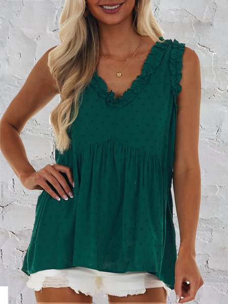 

Three-dimensional flower ball is soft Cotton Blends Solid V Neck Tanks & Camis, Green, Tank Top