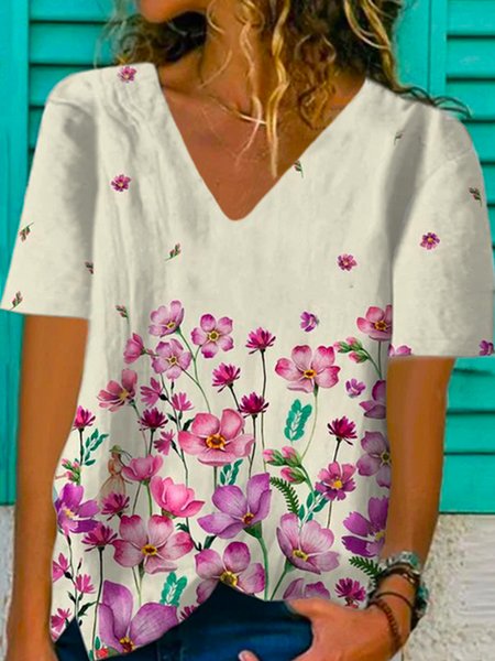 

Floral Casual V Neck Shirts & Tops, As picture, Tops